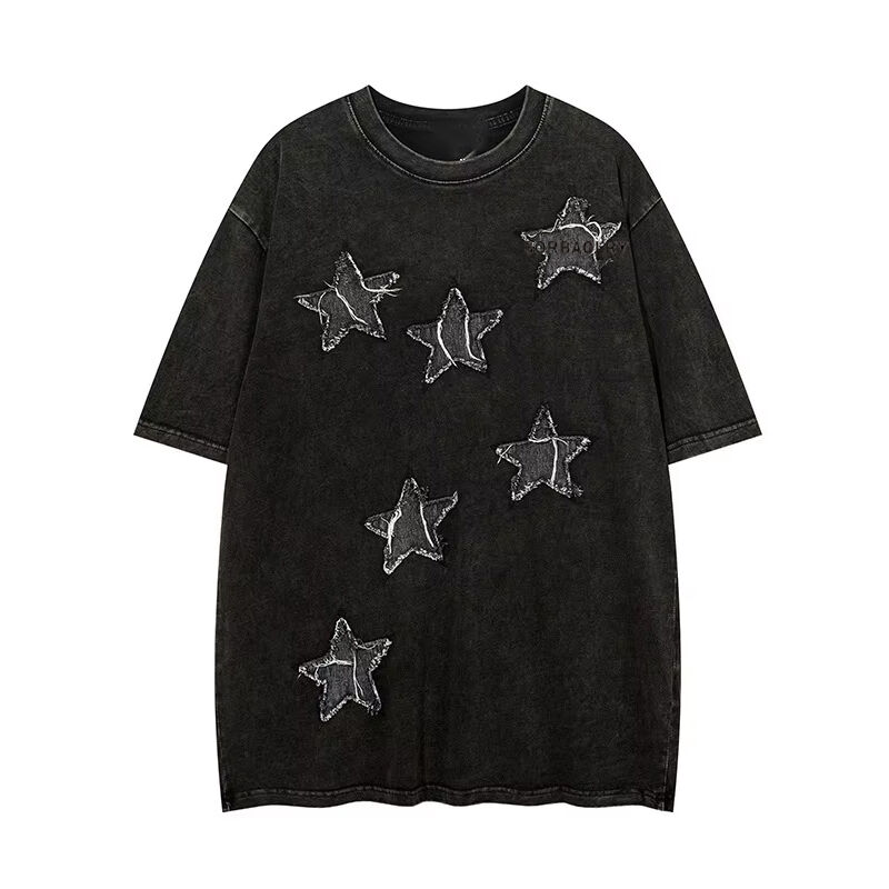 Camiseta de Gola Redonda Streetwear de Alta Qualidade Personalizada com Apliques de Patches Bordados e Lavagem Ácida Vintage