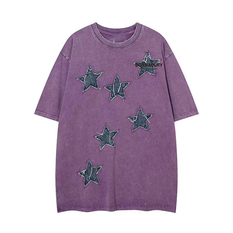 Camiseta de Gola Redonda Streetwear de Alta Qualidade Personalizada com Apliques de Patches Bordados e Lavagem Ácida Vintage