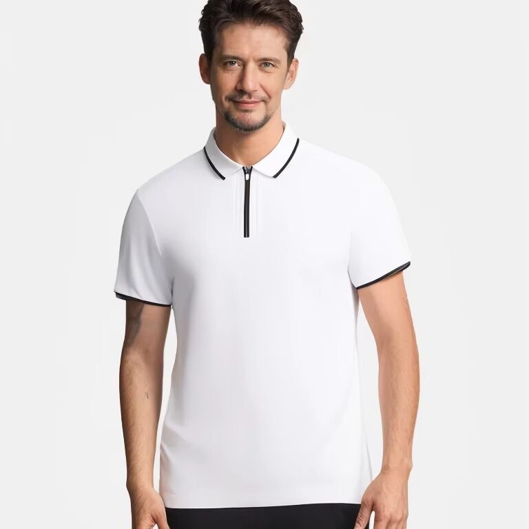Camiseta Polo de Algodão Masculina para Golfe com Meio Zíper e Manga Curta, Estilo Tricot Respirável com Decoração de Botão de Alta Qualidade