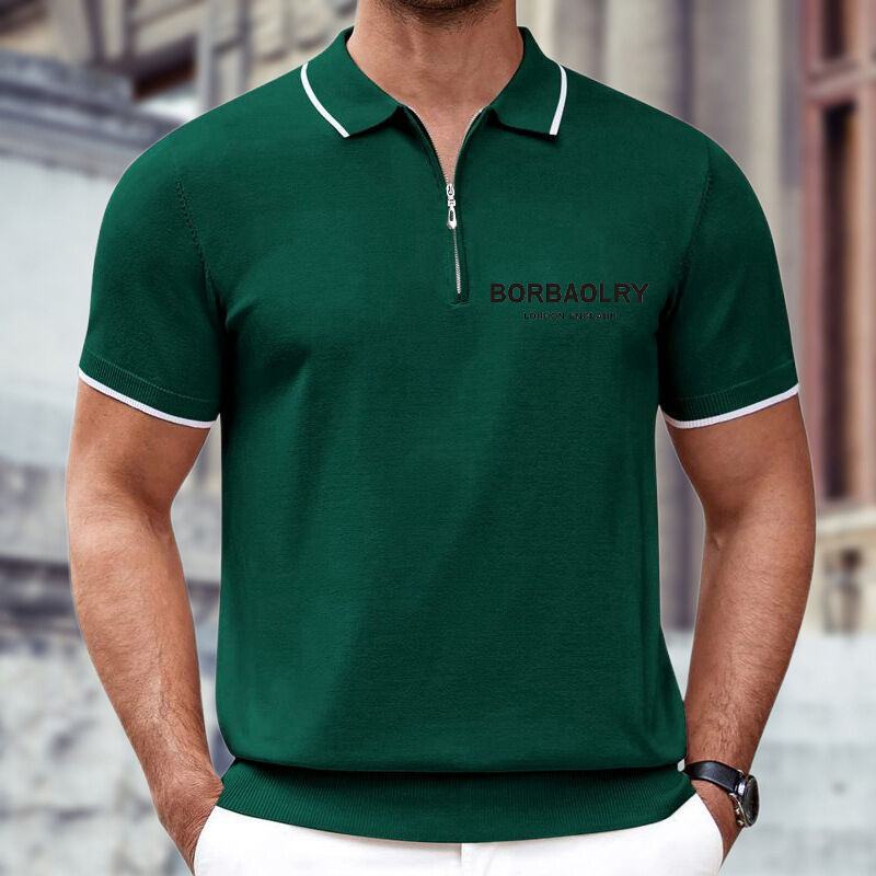 Polo Casual de Negócios Masculina Estilo Europeu Verão Algodão Tricô Sólido Padrão Tricô com Gola Zíper Tricô