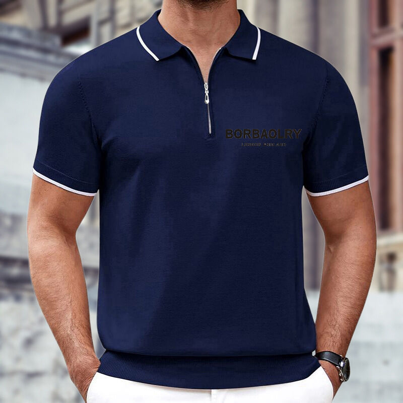 Polo Casual de Negócios Masculina Estilo Europeu Verão Algodão Tricô Sólido Padrão Tricô com Gola Zíper Tricô